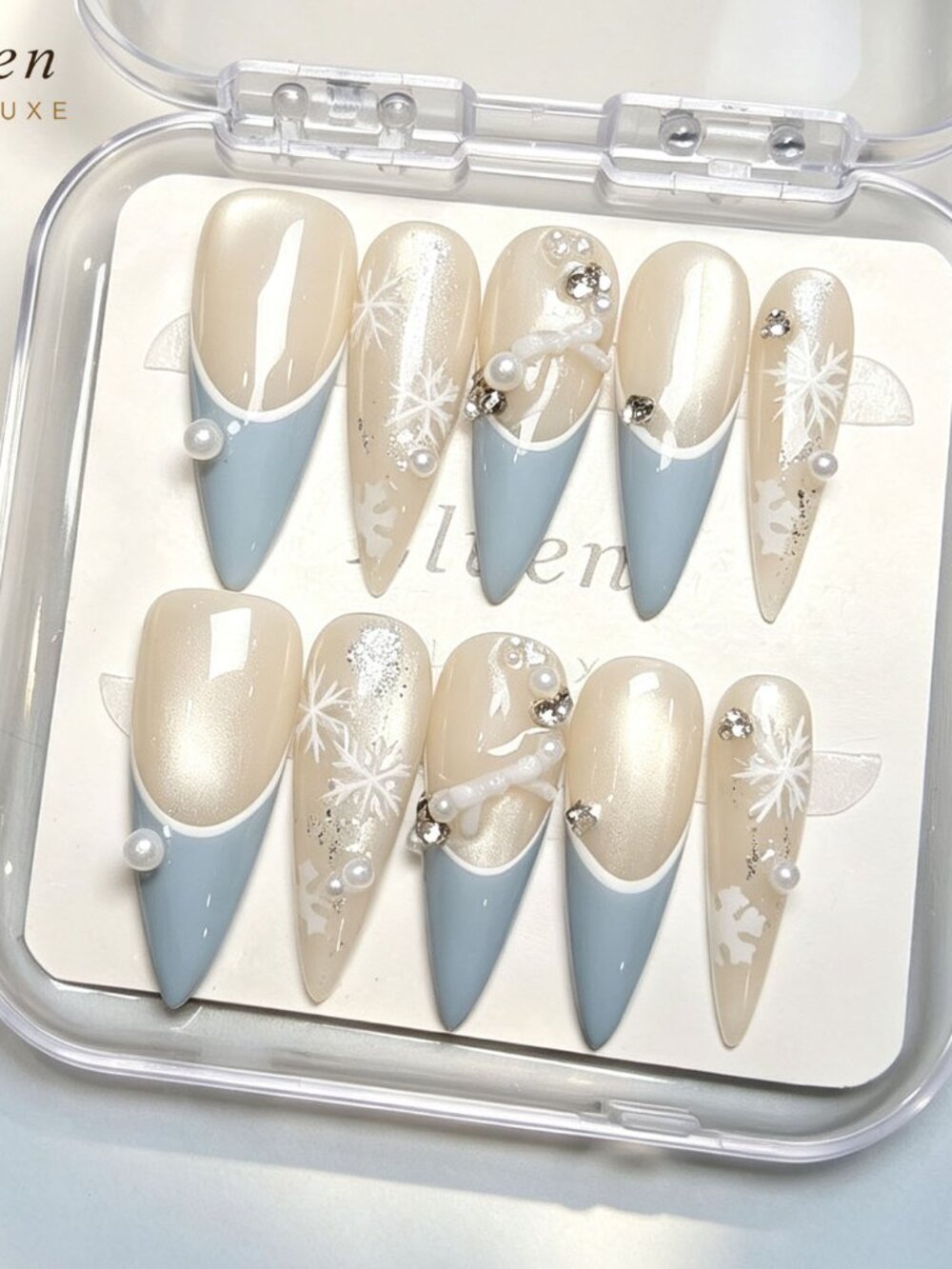 Elegant Blue French Tips and Cream Cat Eye Handmade Press-On Nails Stiletto